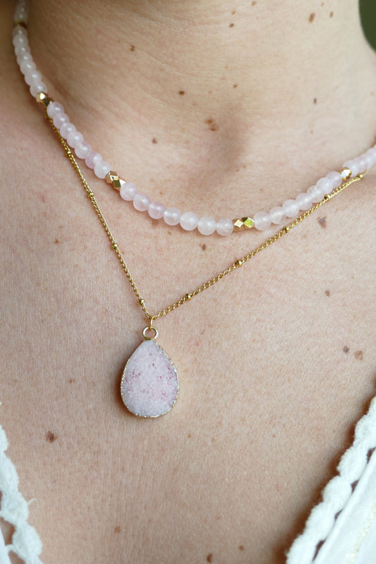 Pink Tiny Druzy Raw Crystal Diffusing Necklace