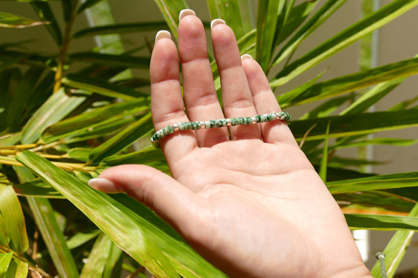 Heishi Bracelet- Green Spot and Silver beads