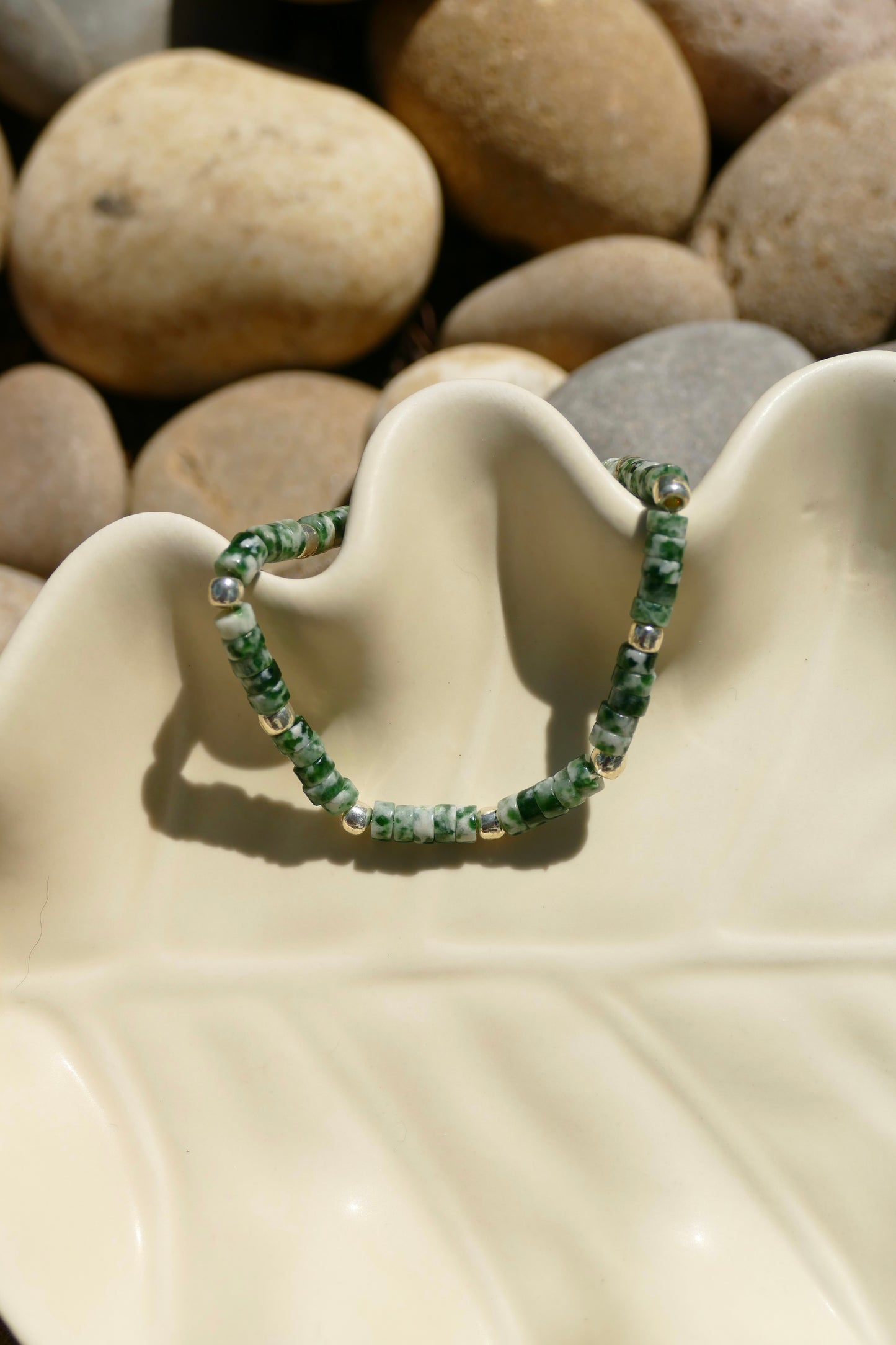 Heishi Bracelet- Green Spot and Silver beads